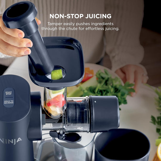 Ninja Neverclog Cold Press Juicer - High-Performance Electric Slow Masticating Juicer with Pulp Control, XL Capacity, 24 oz Juice Jug, 36 oz Pulp Container, Dishwasher Safe, Navy, 150W, Model JC151NV | Essentials