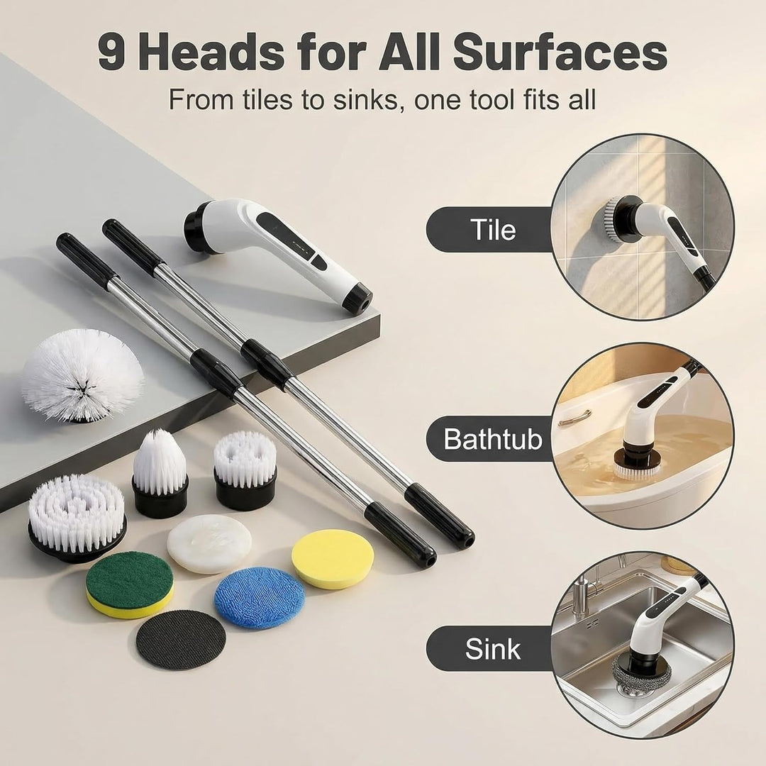 Versatile Ditch the Scrubbing! Long Handle Shower Scrubber Comes with 9 Replaceable Heads & Efficient 2 Speed Cordless Brush for Maximum Effect Long Battery Life! | Essentials Online Store