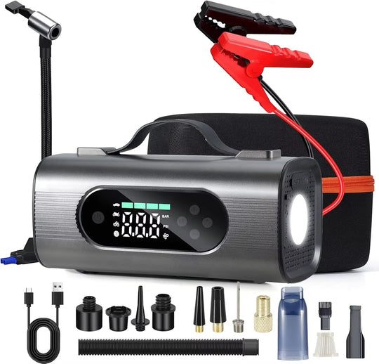 8-in-1 Portable Car Jump Starter with Air Compressor & Vacuum – 150PSI Tire Inflator, 12V Battery Booster & Wireless Cleaner | Essentials