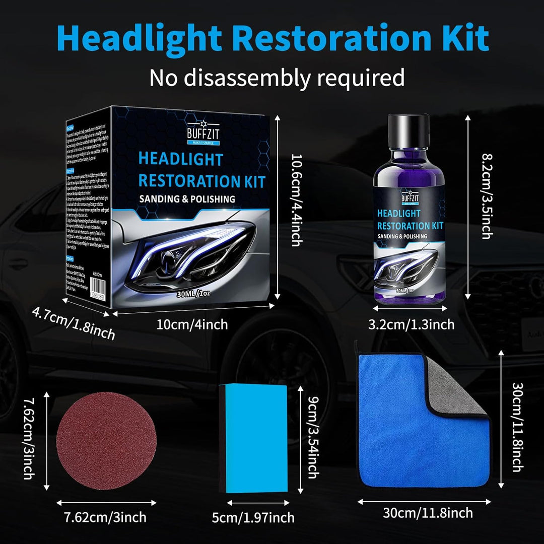Car Headlight Restoration Kit, Professional Cleaner & Restorer for Foggy, Cloudy, or Yellowed Headlights – Easy Oxidation Removal with 3X Sandpapers, 1X Foam Pad & 1X Towel, 30Ml