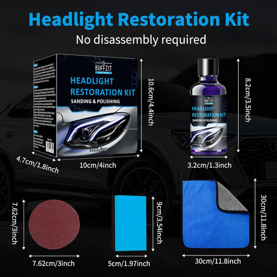 Car Headlight Restoration Kit, Professional Cleaner & Restorer for Foggy, Cloudy, or Yellowed Headlights – Easy Oxidation Removal with 3X Sandpapers, 1X Foam Pad & 1X Towel, 30Ml