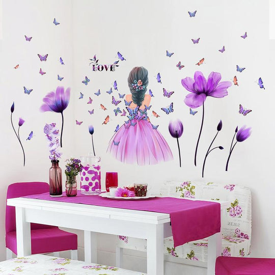 Home Decor Butterfly & Tulip & Girl Pattern Wall Sticker, 4 Counts/Set Girl & Flower Pattern Wall Decal, Wall Decorative Stickers For, Bedroom Decor