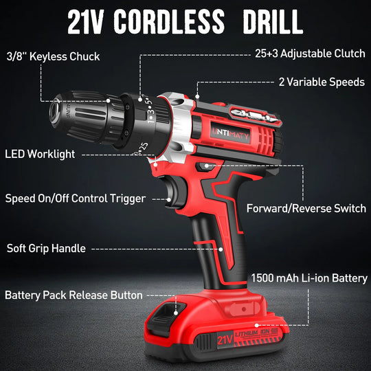 21V Cordless Power Drill Set – Drill Driver Kit with 2 Lithium-Ion Batteries, Charger, 3/8" Keyless Chuck & 32pc Bits | Essentials