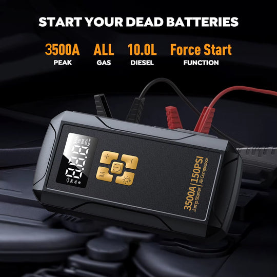 Portable Jump Starter with Air Compressor –3500A, 150PSI Tire Inflator, Power Bank & LED Light for Cars/Trucks | Essentials