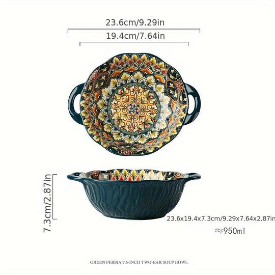 Boho Style Flower Pattern Bowl, Vintage Print Ceramic Soup Bowl, Household Tableware for Kitchen Dining Room