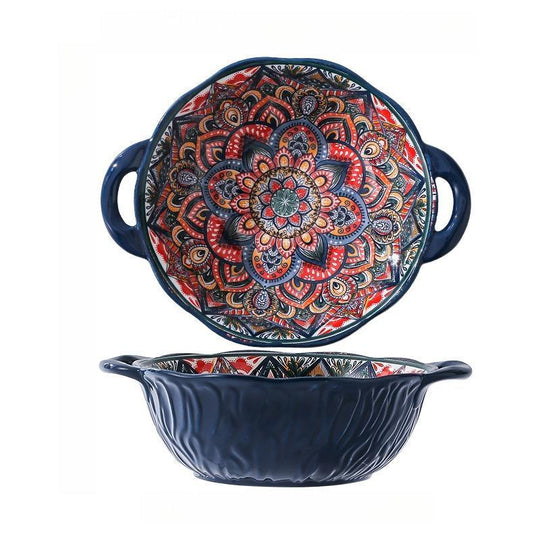 Boho Style Flower Pattern Bowl, Vintage Print Ceramic Soup Bowl, Household Tableware for Kitchen Dining Room