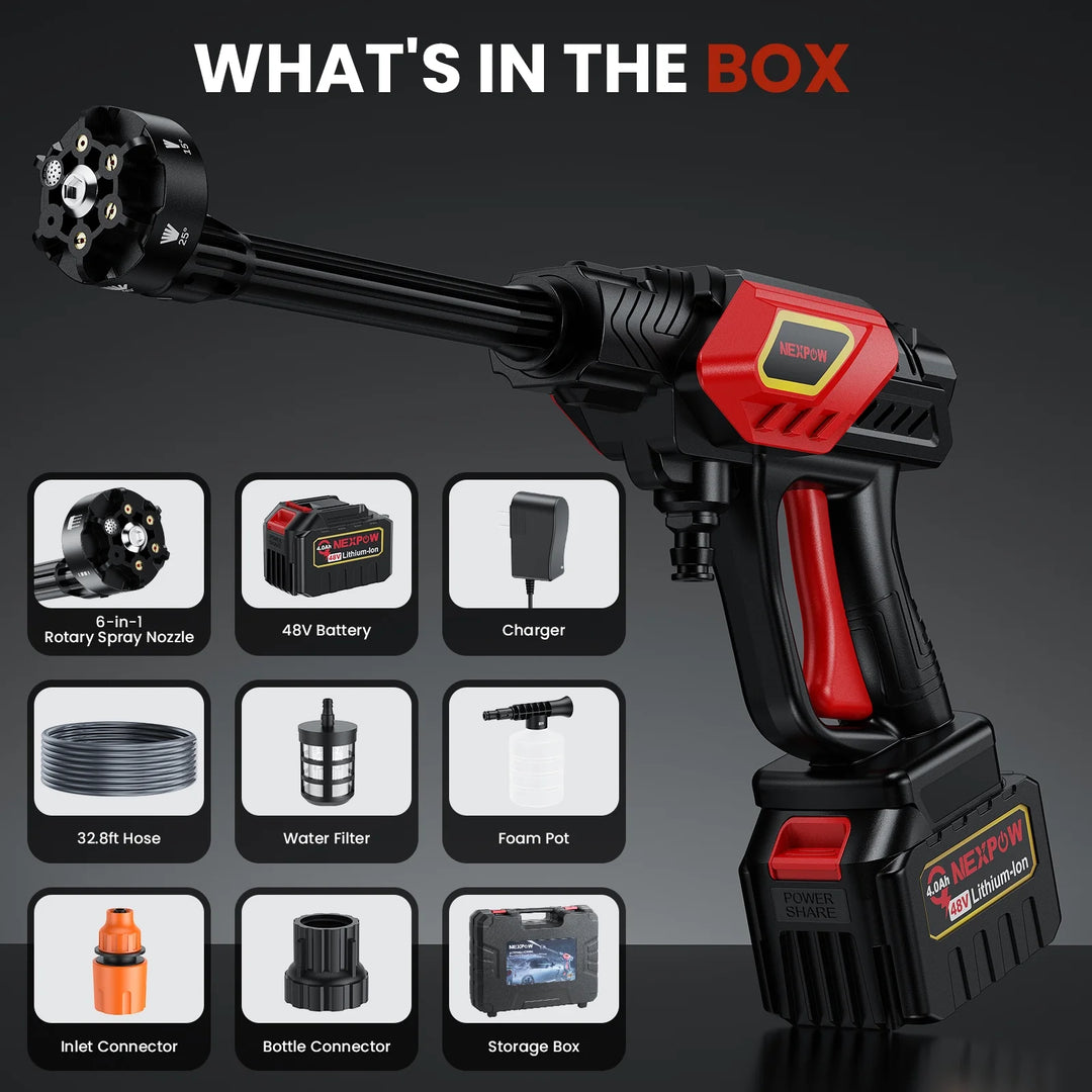 1000PSI Cordless Pressure Washer – 48V Battery Powered Portable Power Cleaner with 6-in-1 Nozzle & 32.8ft Hose | Essentials