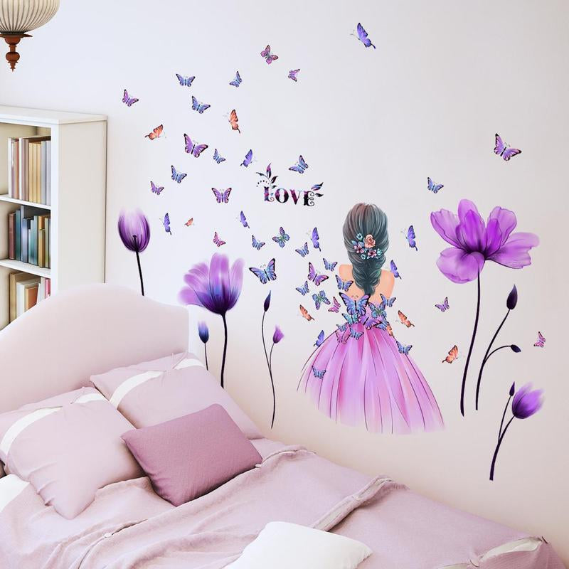Home Decor Butterfly & Tulip & Girl Pattern Wall Sticker, 4 Counts/Set Girl & Flower Pattern Wall Decal, Wall Decorative Stickers For, Bedroom Decor