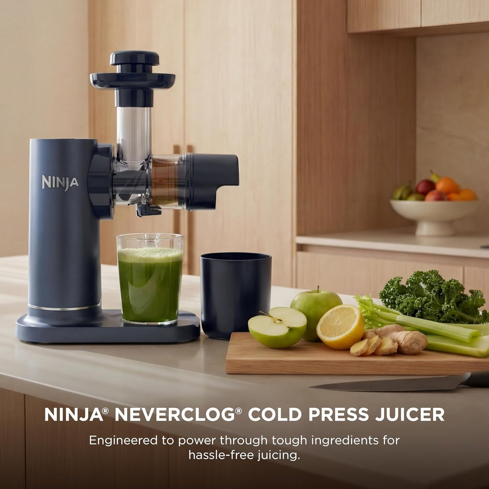 Ninja Neverclog Cold Press Juicer - High-Performance Electric Slow Masticating Juicer with Pulp Control, XL Capacity, 24 oz Juice Jug, 36 oz Pulp Container, Dishwasher Safe, Navy, 150W, Model JC151NV | Essentials