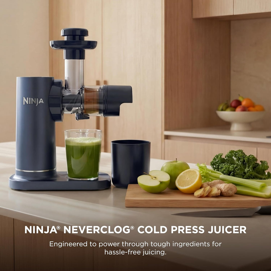 Ninja Neverclog Cold Press Juicer - High-Performance Electric Slow Masticating Juicer with Pulp Control, XL Capacity, 24 oz Juice Jug, 36 oz Pulp Container, Dishwasher Safe, Navy, 150W, Model JC151NV | Essentials