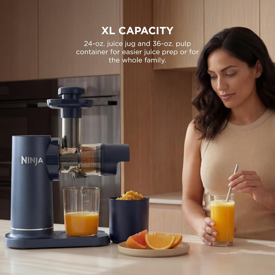 Ninja Neverclog Cold Press Juicer - High-Performance Electric Slow Masticating Juicer with Pulp Control, XL Capacity, 24 oz Juice Jug, 36 oz Pulp Container, Dishwasher Safe, Navy, 150W, Model JC151NV | Essentials