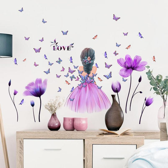 Home Decor Butterfly & Tulip & Girl Pattern Wall Sticker, 4 Counts/Set Girl & Flower Pattern Wall Decal, Wall Decorative Stickers For, Bedroom Decor