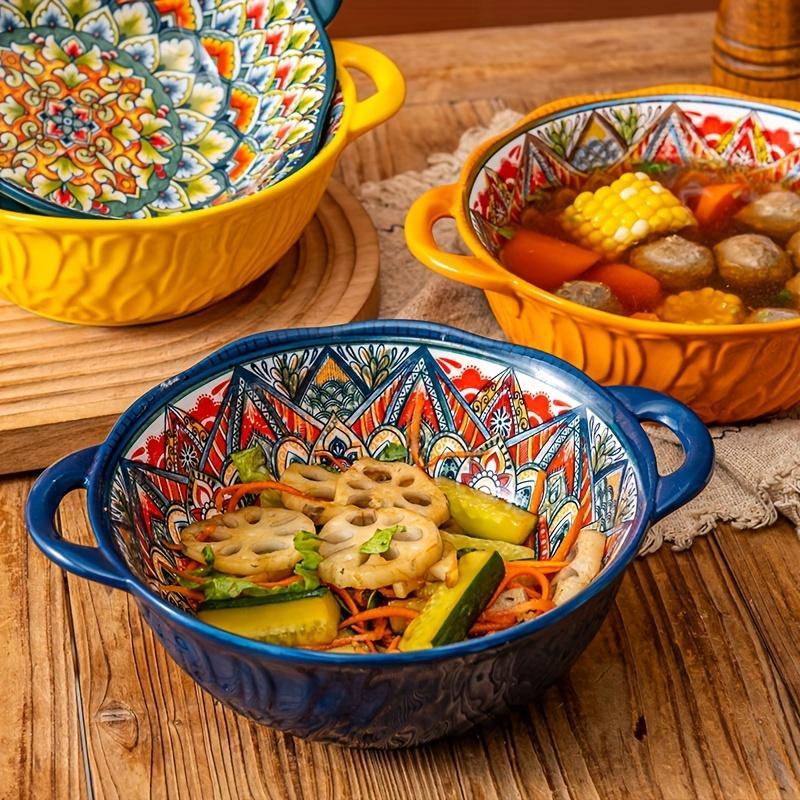 Boho Style Flower Pattern Bowl, Vintage Print Ceramic Soup Bowl, Household Tableware for Kitchen Dining Room