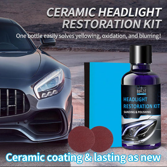Car Headlight Restoration Kit, Professional Cleaner & Restorer for Foggy, Cloudy, or Yellowed Headlights – Easy Oxidation Removal with 3X Sandpapers, 1X Foam Pad & 1X Towel, 30Ml