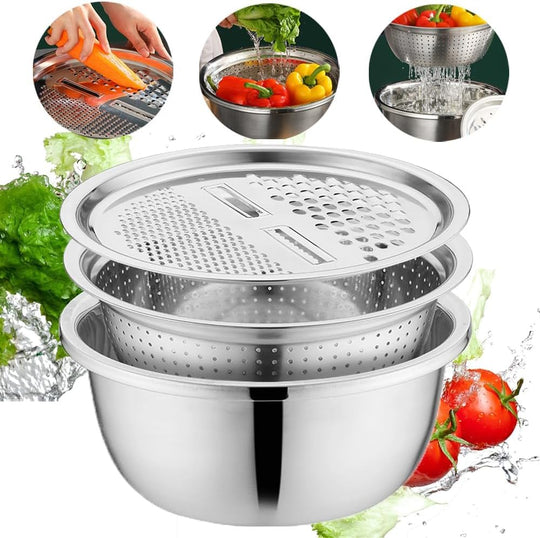 3-in-1 Stainless Steel Vegetable Strainer Slicer Cutter Grater – Drain Basket & Salad Bowl for Easy Prep & Cleanup | Essentials