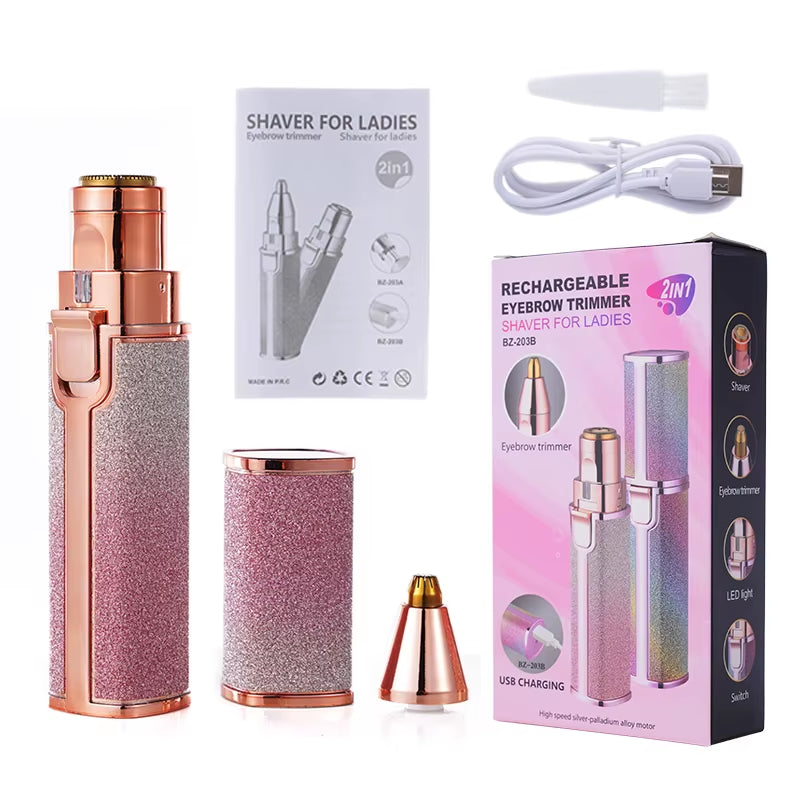 2 in 1 Rechargeable Epilator Electric Eyebrow Trimmer Female Body Facial Lipstick Shape Hair Removal Mini Painless Razor Shaver | Buy now at Essentials Online Store