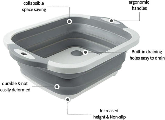 Collapsible Washing Bowl, Multi Function Bowl Drying Rack, Portable Cutting Board, Retractable Drain Washing Basket Basin Vegetable Fruit Tray for for Camping, Picnic, Kitchen | Essentials