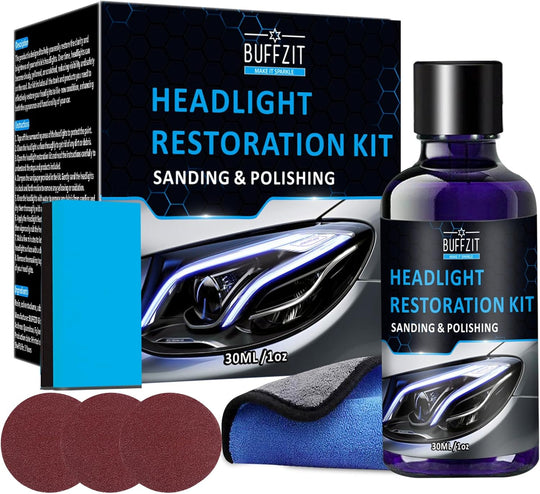 Car Headlight Restoration Kit, Professional Cleaner & Restorer for Foggy, Cloudy, or Yellowed Headlights – Easy Oxidation Removal with 3X Sandpapers, 1X Foam Pad & 1X Towel, 30Ml