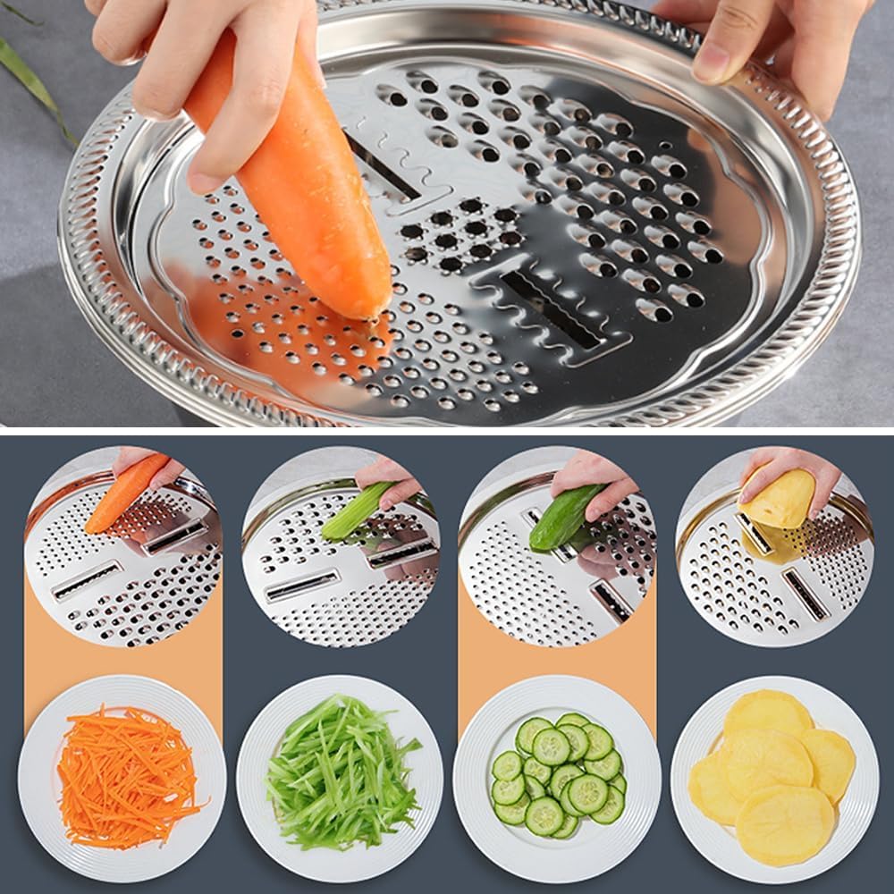 3-in-1 Stainless Steel Vegetable Strainer Slicer Cutter Grater – Drain Basket & Salad Bowl for Easy Prep & Cleanup | Essentials