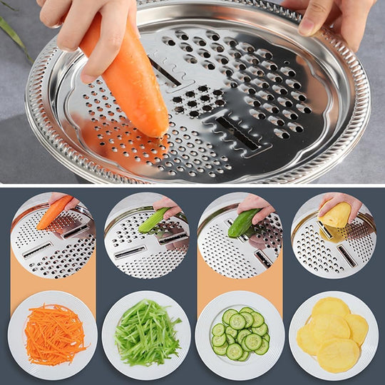 3-in-1 Stainless Steel Vegetable Strainer Slicer Cutter Grater – Drain Basket & Salad Bowl for Easy Prep & Cleanup | Essentials