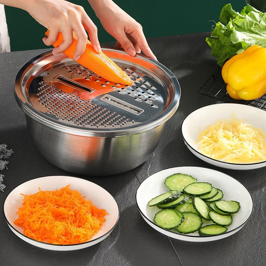 3-in-1 Stainless Steel Vegetable Strainer Slicer Cutter Grater – Drain Basket & Salad Bowl for Easy Prep & Cleanup | Essentials