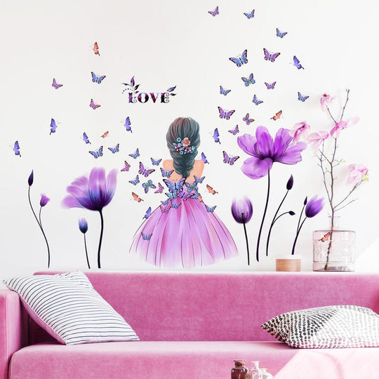 Home Decor Butterfly & Tulip & Girl Pattern Wall Sticker, 4 Counts/Set Girl & Flower Pattern Wall Decal, Wall Decorative Stickers For, Bedroom Decor