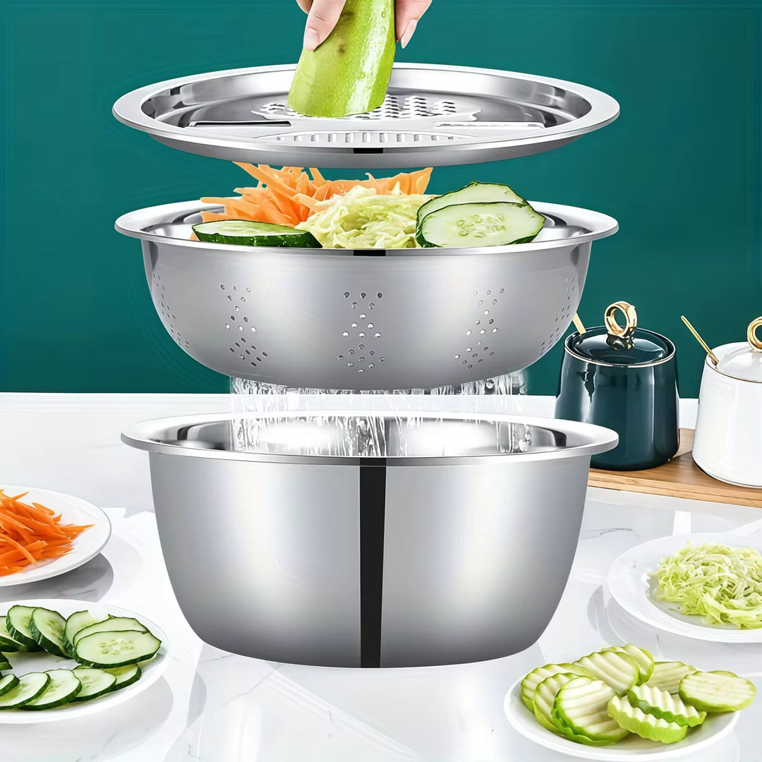 3-in-1 Stainless Steel Vegetable Strainer Slicer Cutter Grater – Drain Basket & Salad Bowl for Easy Prep & Cleanup | Essentials
