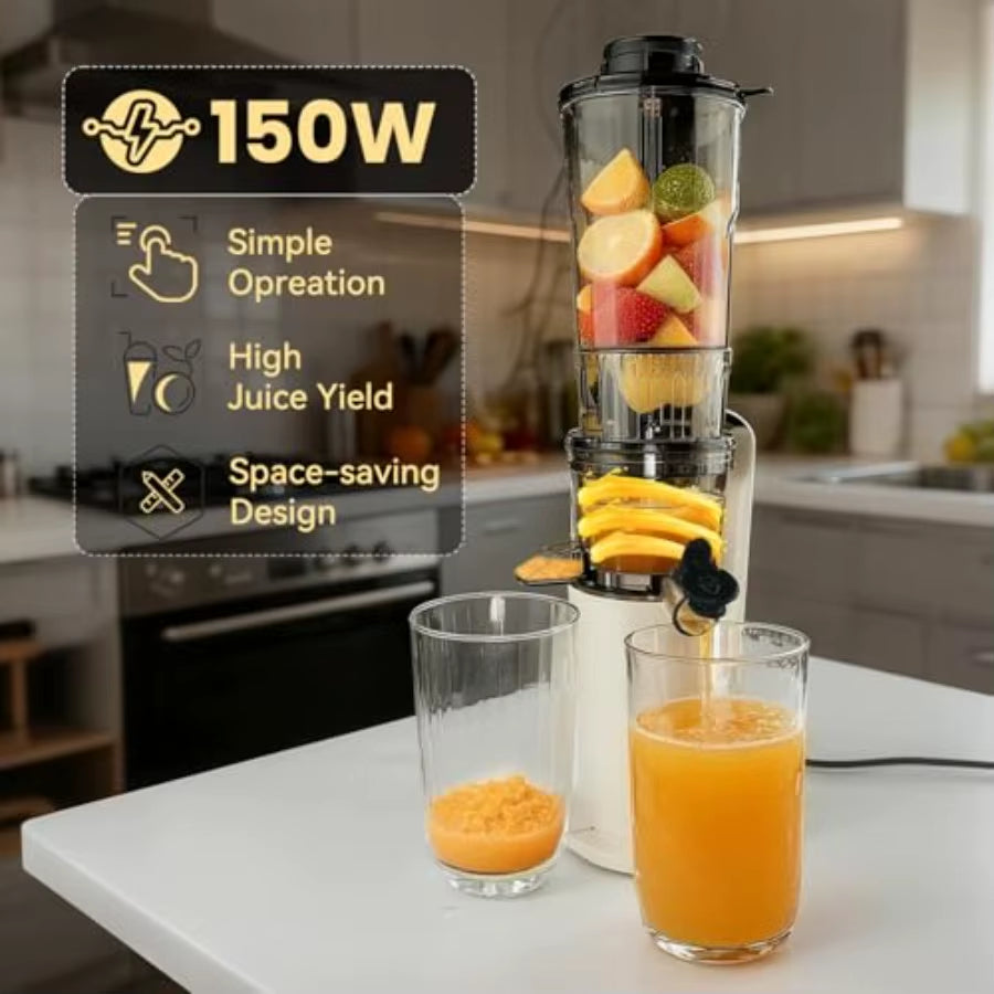 Cold Press Masticating Juicer - 150W Slow Juicer for High Yield Fresh Vegetable and Fruit Juice, 3.1 Inch Feed Chute | Essentials