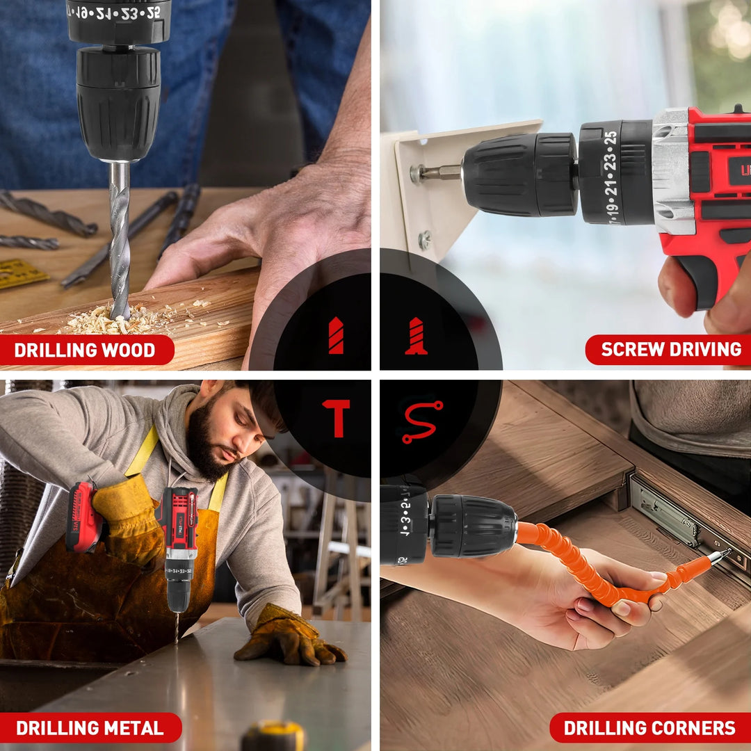 21V Cordless Power Drill Set – Drill Driver Kit with 2 Lithium-Ion Batteries, Charger, 3/8" Keyless Chuck & 32pc Bits | Essentials