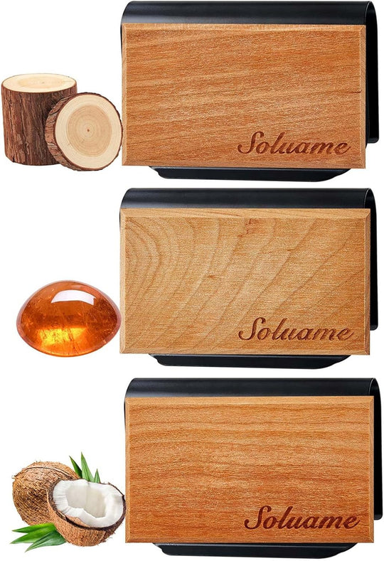 Car Air Freshener, Natural Wood Air Freshener Long Lasting, Car Air Freshener Diffuser with Metal Clip, Magnetic Auto Accessories, Car Odor Eliminator Variety Scent Refill (Teak - Coconut - Amber)