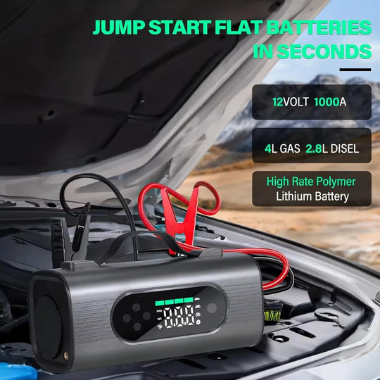 8-in-1 Portable Car Jump Starter with Air Compressor & Vacuum – 150PSI Tire Inflator, 12V Battery Booster & Wireless Cleaner | Essentials