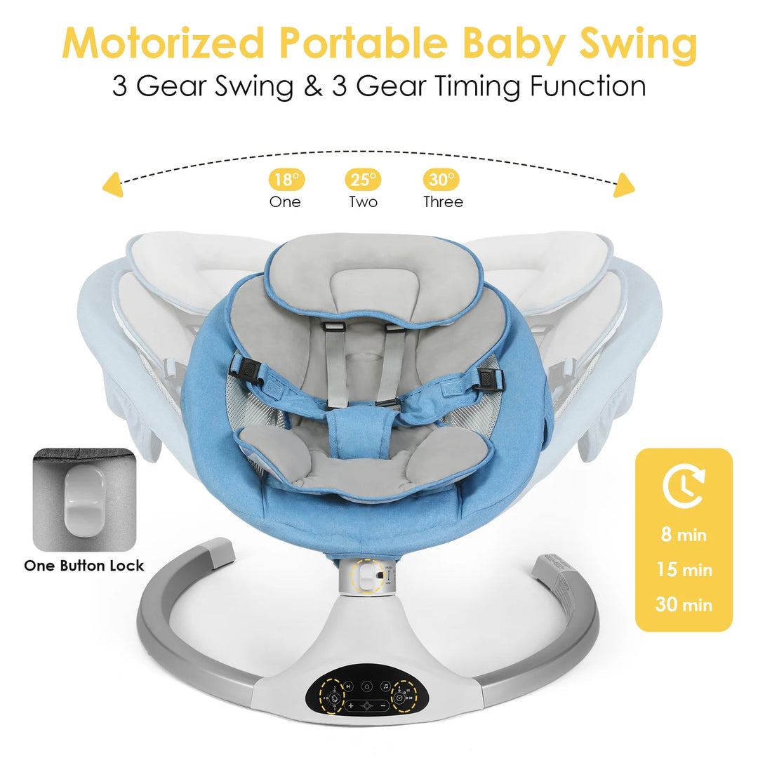 Baby Swing for Infants - Electric Indoor Baby Rocker 3 Speeds and 10 Lullabies, Portable, Touch Screen & Remote Control, Bluetooth, Blue | Essentials Online store 