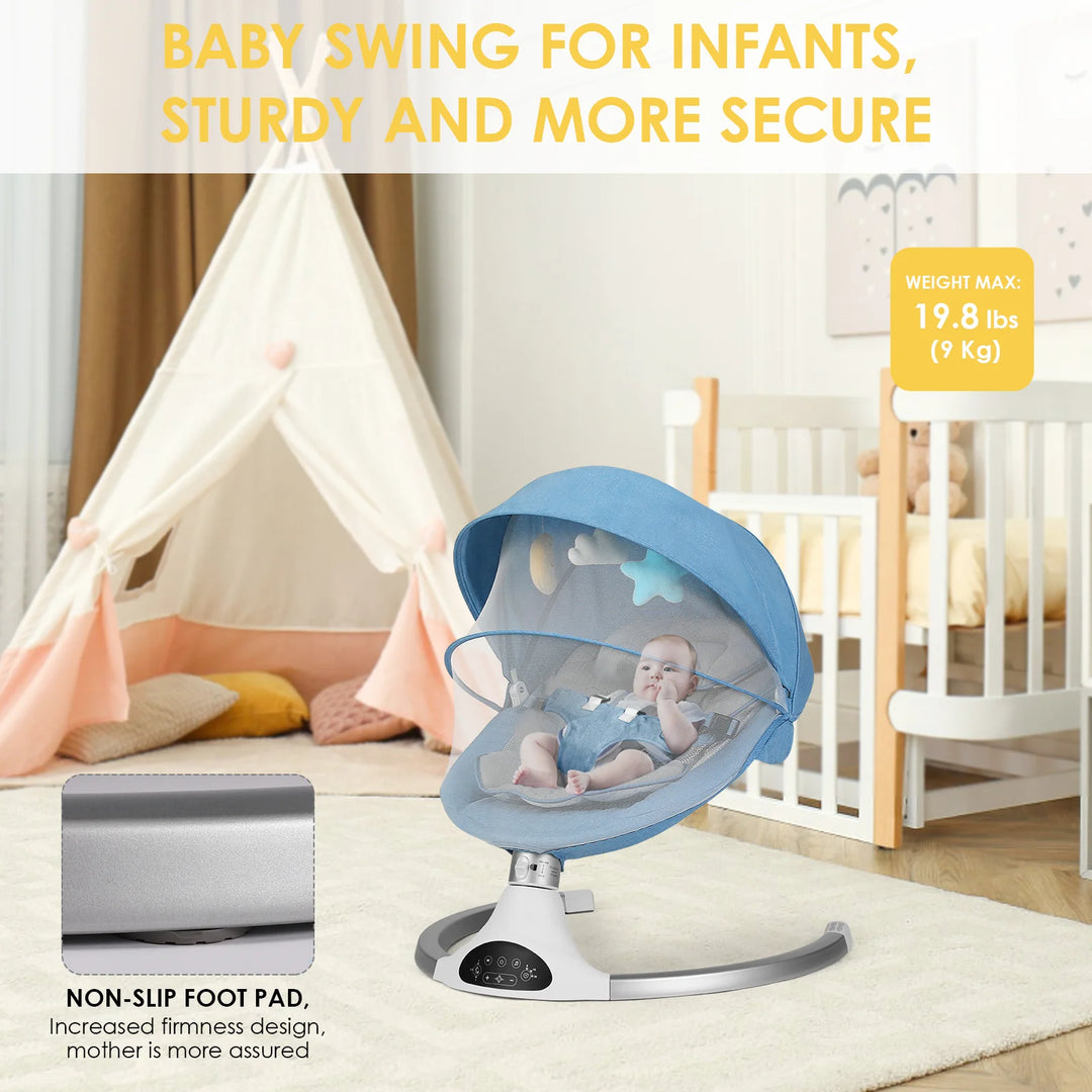 Baby Swing for Infants - Electric Indoor Baby Rocker 3 Speeds and 10 Lullabies, Portable, Touch Screen & Remote Control, Bluetooth, Blue | Essentials Online store 