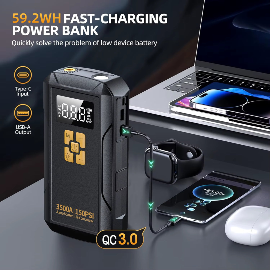 Portable Jump Starter with Air Compressor –3500A, 150PSI Tire Inflator, Power Bank & LED Light for Cars/Trucks | Essentials