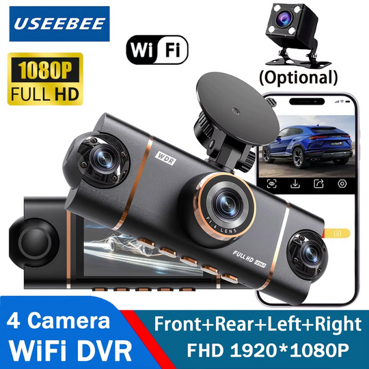 4-Channel Dash Cam – 1080P WiFi HD Car DVR with Front/Rear/Side Cameras, Night Vision & Parking Mode | Essentials