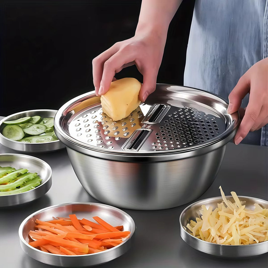 3-in-1 Stainless Steel Vegetable Strainer Slicer Cutter Grater – Drain Basket & Salad Bowl for Easy Prep & Cleanup | Essentials