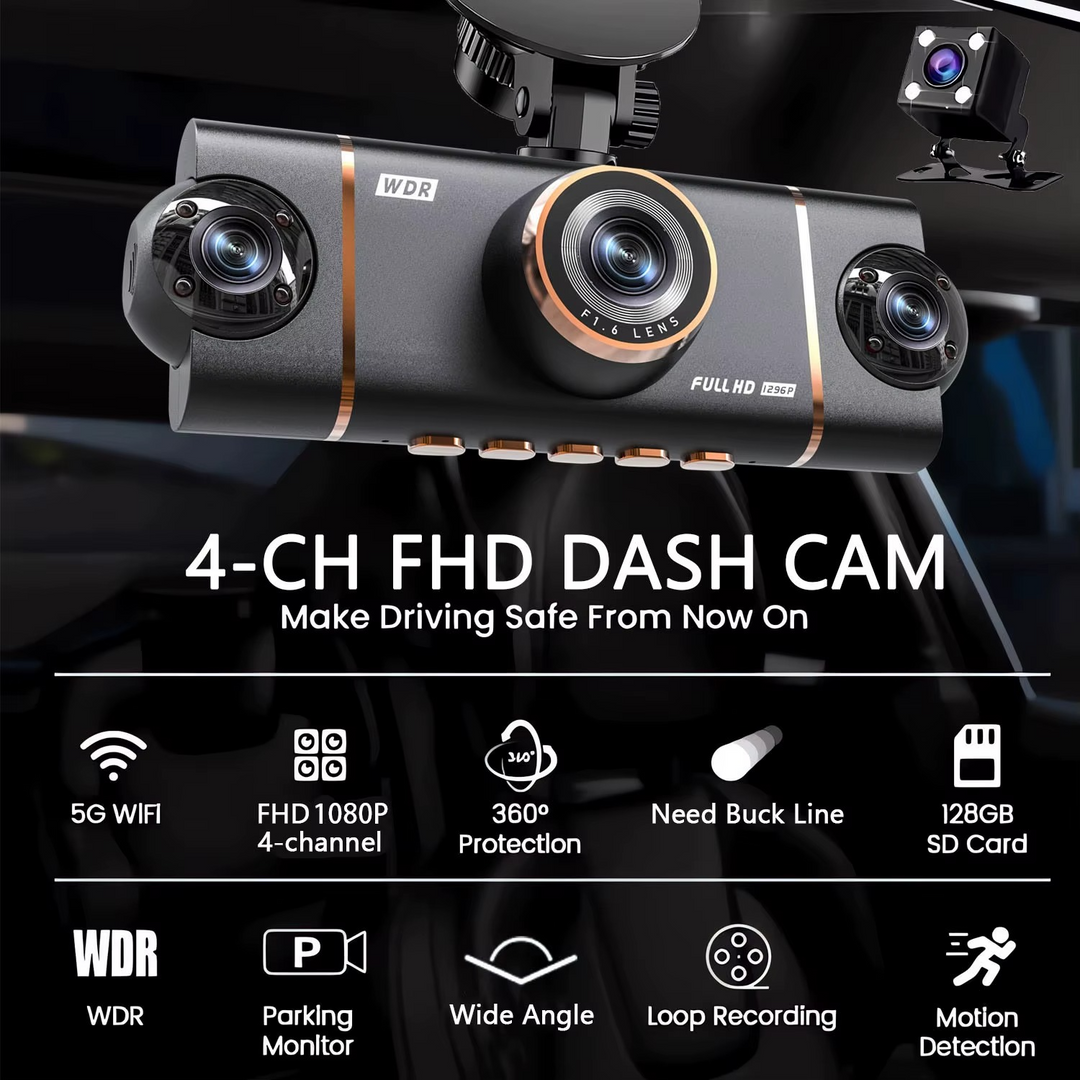 4-Channel Dash Cam – 1080P WiFi HD Car DVR with Front/Rear/Side Cameras, Night Vision & Parking Mode | Essentials