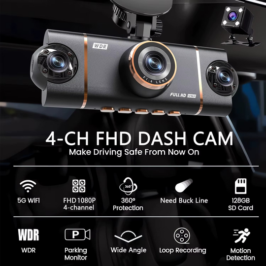 4-Channel Dash Cam – 1080P WiFi HD Car DVR with Front/Rear/Side Cameras, Night Vision & Parking Mode | Essentials