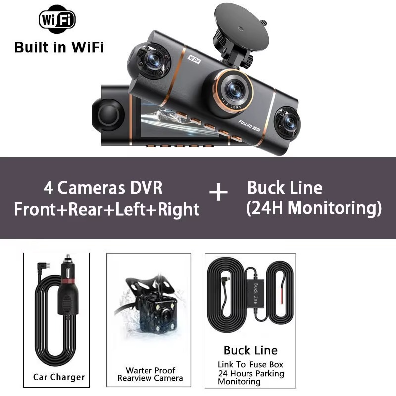4-Channel Dash Cam – 1080P WiFi HD Car DVR with Front/Rear/Side Cameras, Night Vision & Parking Mode | Essentials