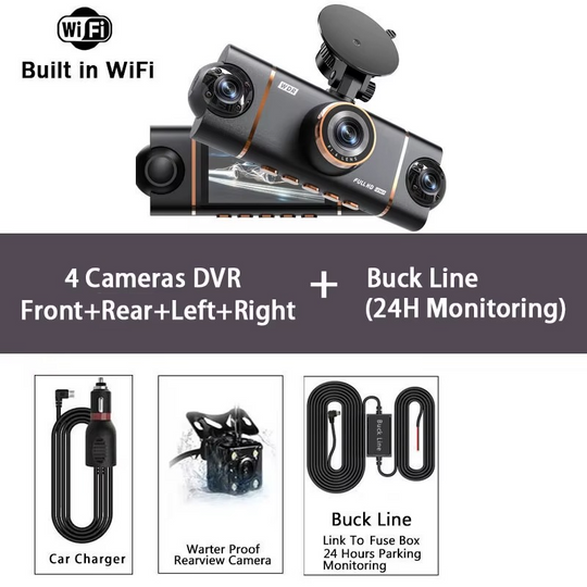 4-Channel Dash Cam – 1080P WiFi HD Car DVR with Front/Rear/Side Cameras, Night Vision & Parking Mode | Essentials