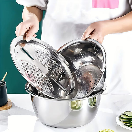 3-in-1 Stainless Steel Vegetable Strainer Slicer Cutter Grater – Drain Basket & Salad Bowl for Easy Prep & Cleanup | Essentials