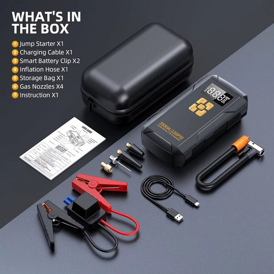 Portable Jump Starter with Air Compressor –3500A, 150PSI Tire Inflator, Power Bank & LED Light for Cars/Trucks | Essentials