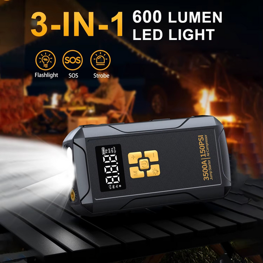 Portable Jump Starter with Air Compressor –3500A, 150PSI Tire Inflator, Power Bank & LED Light for Cars/Trucks | Essentials