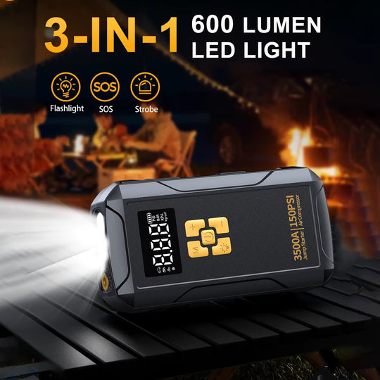 Portable Jump Starter with Air Compressor –3500A, 150PSI Tire Inflator, Power Bank & LED Light for Cars/Trucks | Essentials