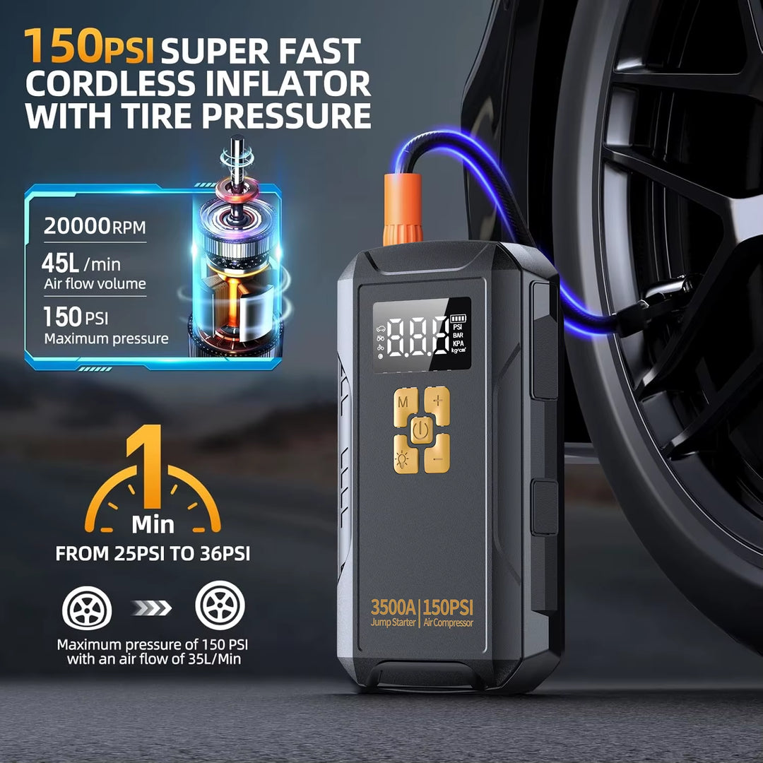 Portable Jump Starter with Air Compressor –3500A, 150PSI Tire Inflator, Power Bank & LED Light for Cars/Trucks | Essentials