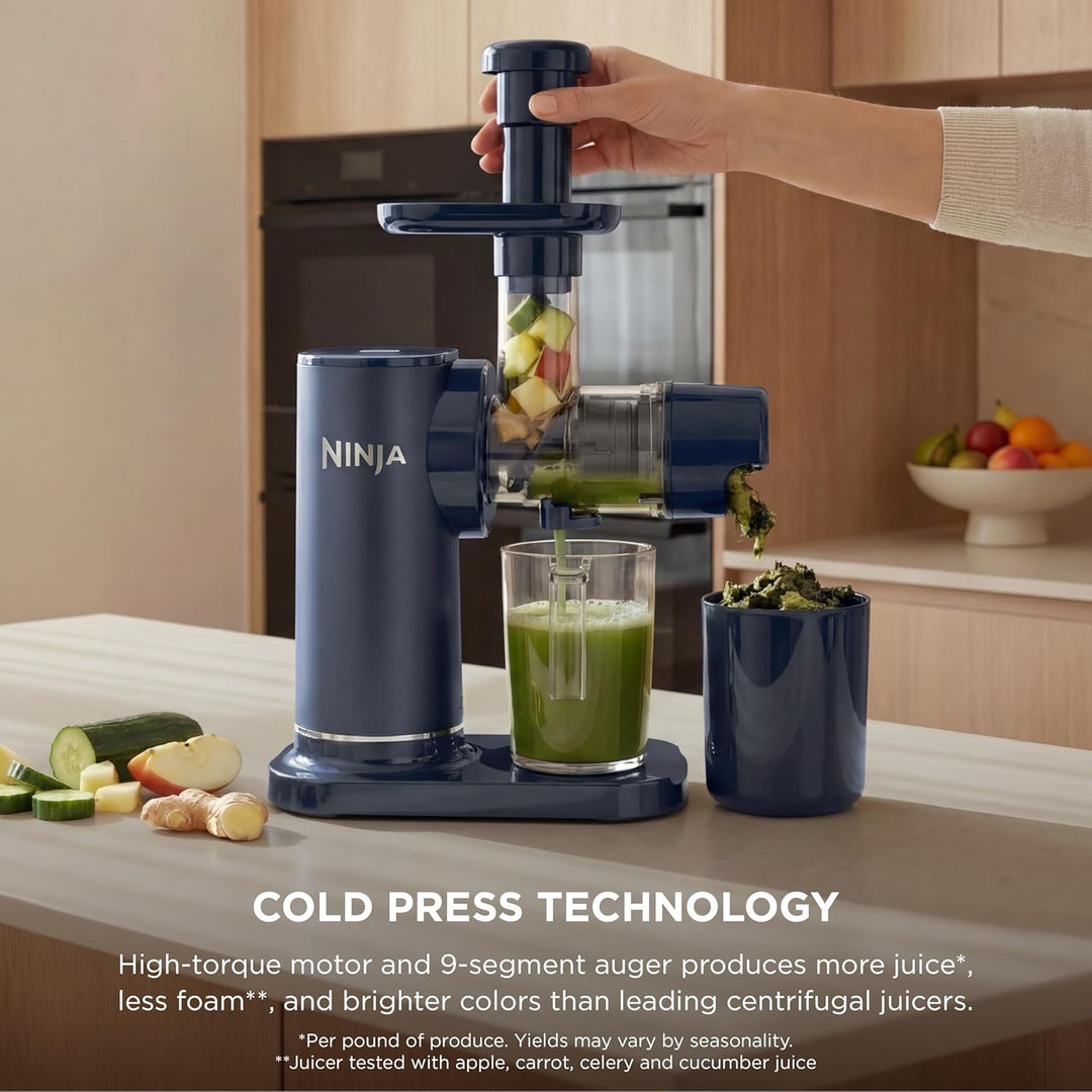 Ninja Neverclog Cold Press Juicer - High-Performance Electric Slow Masticating Juicer with Pulp Control, XL Capacity, 24 oz Juice Jug, 36 oz Pulp Container, Dishwasher Safe, Navy, 150W, Model JC151NV | Essentials