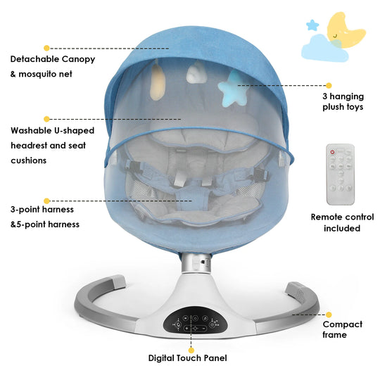 Baby Swing for Infants - Electric Indoor Baby Rocker 3 Speeds and 10 Lullabies, Portable, Touch Screen & Remote Control, Bluetooth, Blue | Essentials Online store 