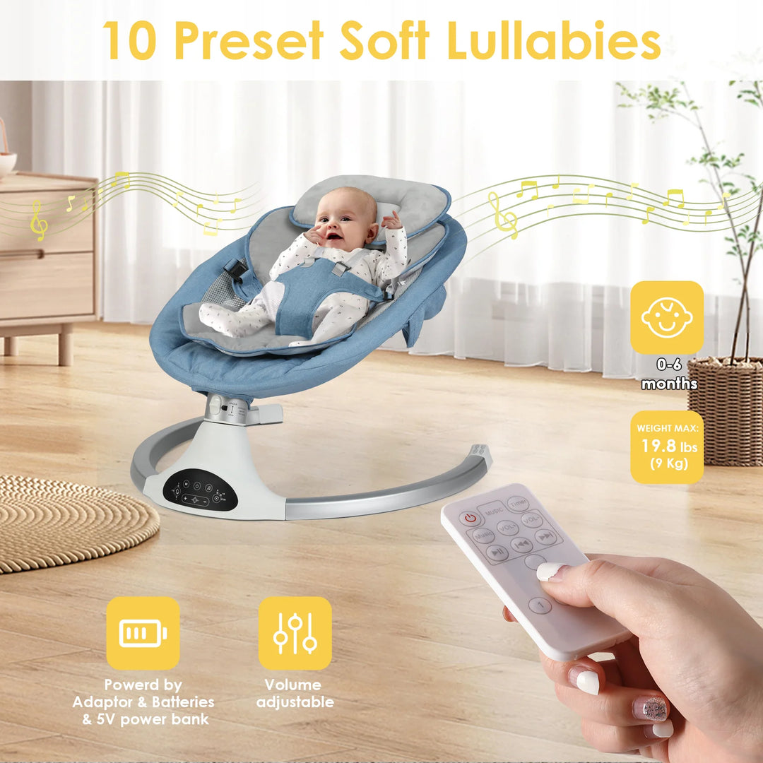 Baby Swing for Infants - Electric Indoor Baby Rocker 3 Speeds and 10 Lullabies, Portable, Touch Screen & Remote Control, Bluetooth, Blue | Essentials Online store 