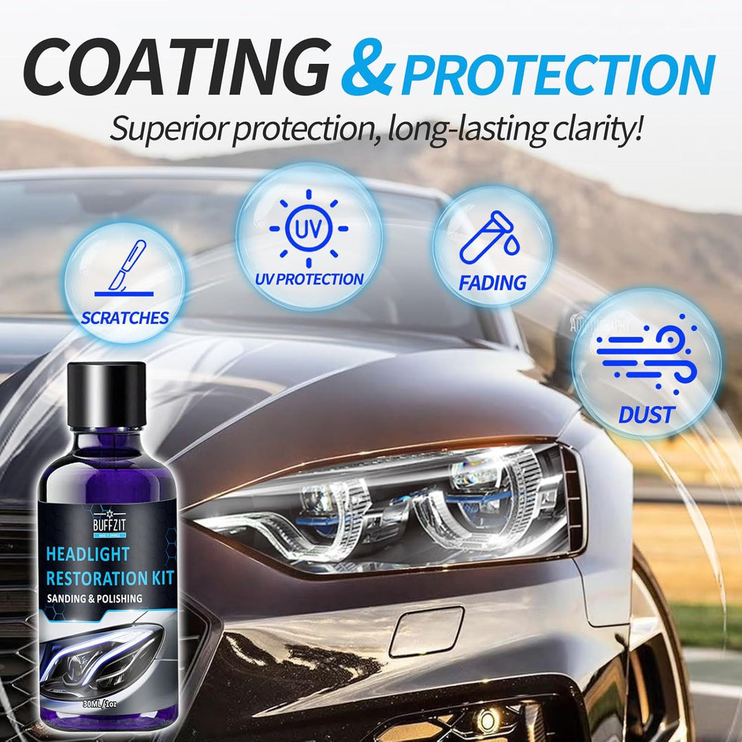 Car Headlight Restoration Kit, Professional Cleaner & Restorer for Foggy, Cloudy, or Yellowed Headlights – Easy Oxidation Removal with 3X Sandpapers, 1X Foam Pad & 1X Towel, 30Ml