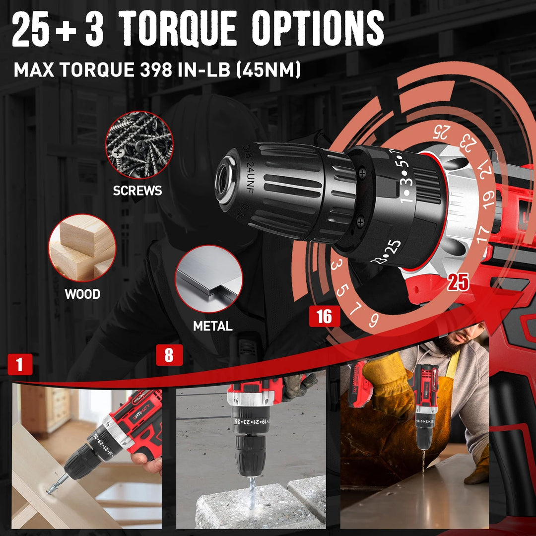 21V Cordless Power Drill Set – Drill Driver Kit with 2 Lithium-Ion Batteries, Charger, 3/8" Keyless Chuck & 32pc Bits | Essentials